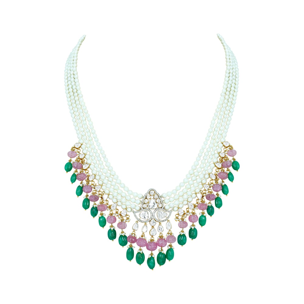 Layered Pearl Necklace with Polki, Emerald, and Rose Quartz Beads